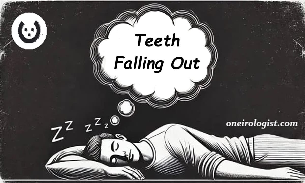 Sleeping man with a dream bubble saying 'Teeth Falling Out,' showing dream interpretation on oneirologist.com.