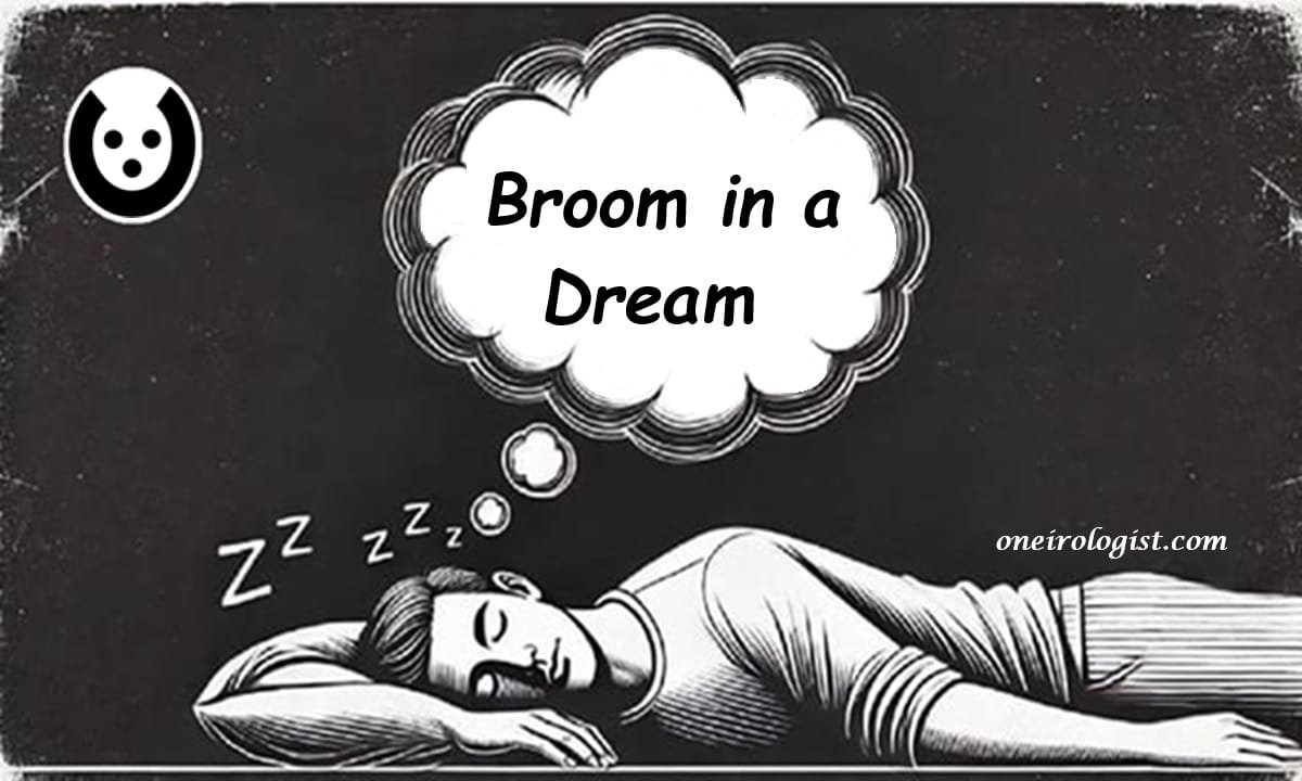 Sleeping man with a dream bubble saying 'Broom in a Dream,' showing dream interpretation on oneirologist.com.